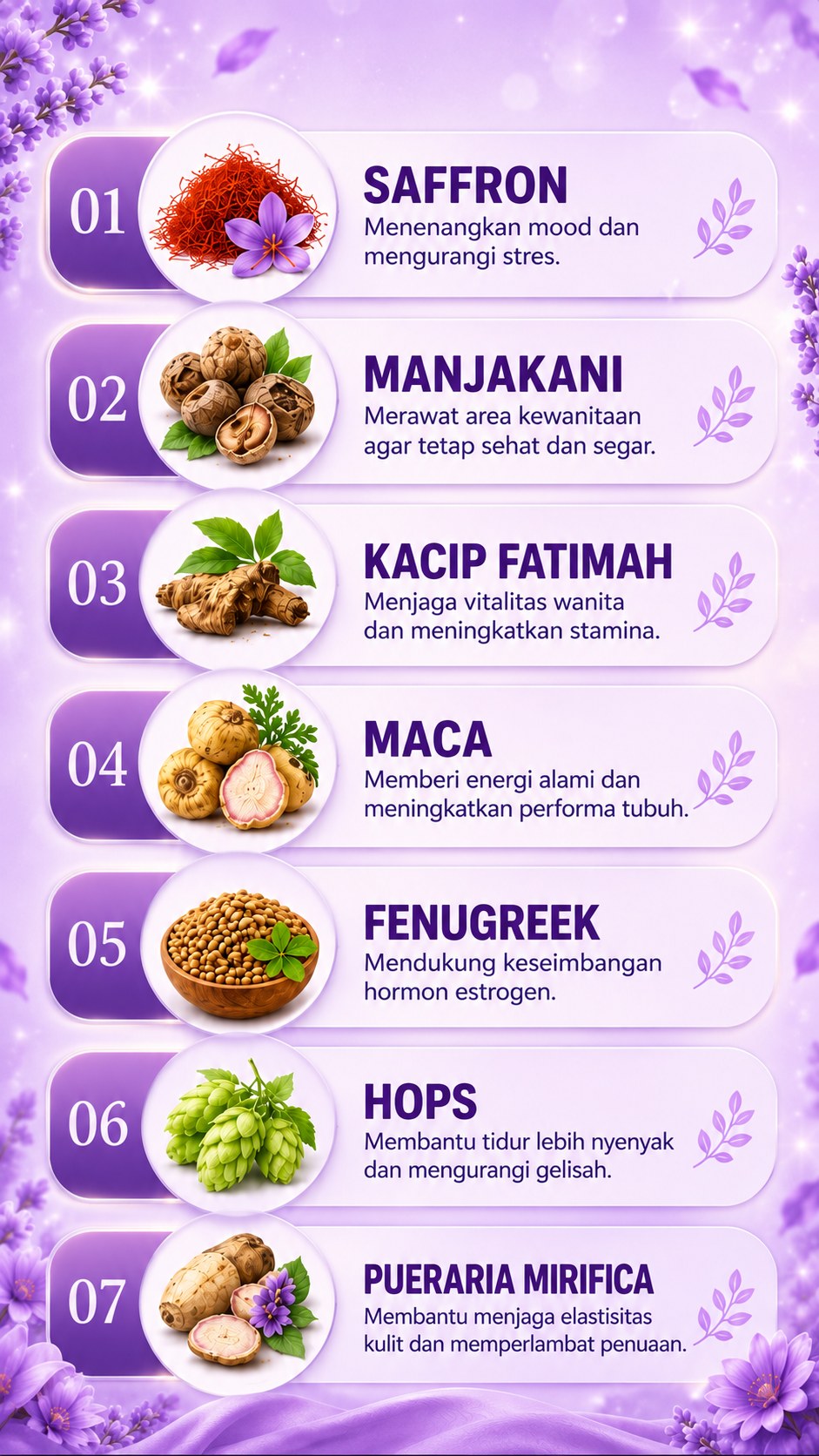 7 kandungan alami Novia: Saffron, Manjakani, Kacip Fatimah, Maca, Fenugreek, Hops, Pueraria Mirifica